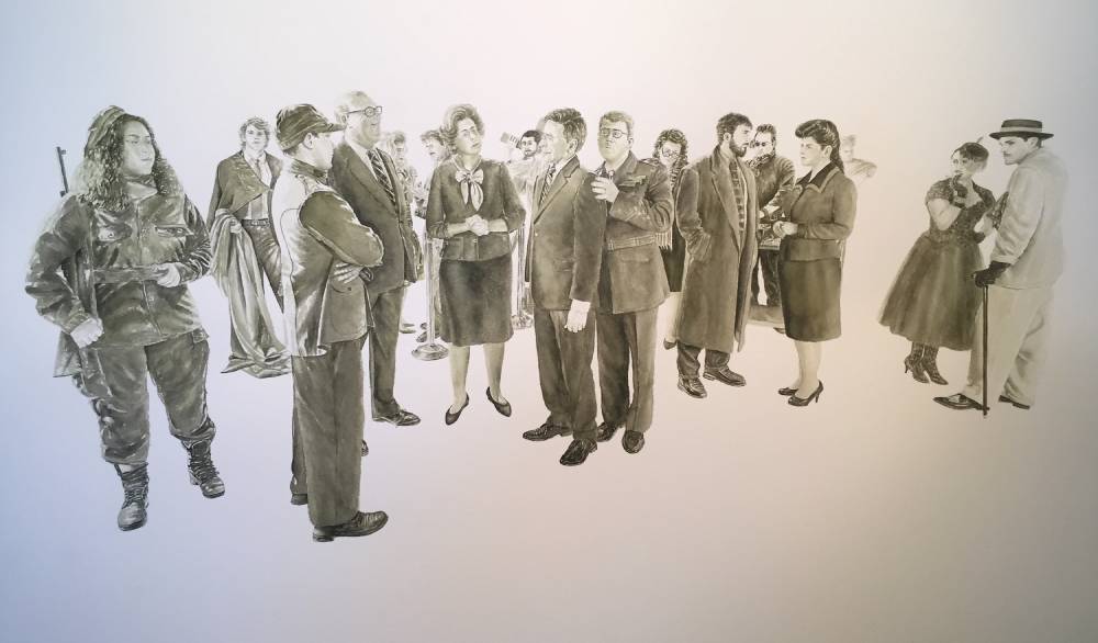 The Gang of 16, watercolor on Arches paper, 16"x40", 2021