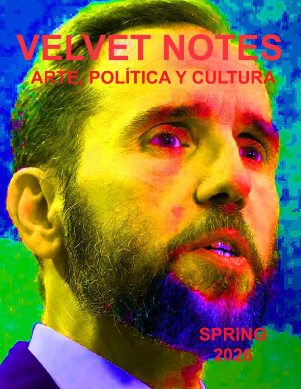 Colorful magazine cover portrait of bearded man